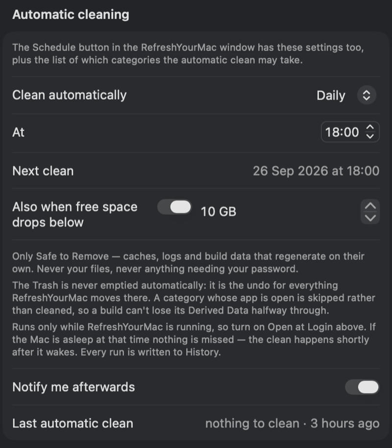 The scheduling settings: clean automatically daily at 18:00, the next clean due 26 September at 18:00, an option to also run when free space drops below 10 GB, and a note that only Safe to Remove categories are ever taken.